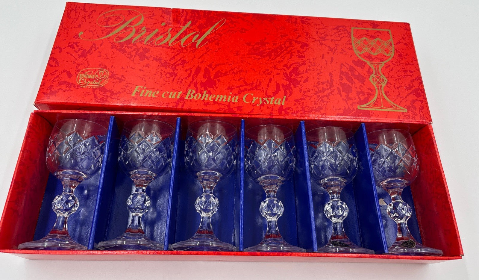 Vintage Bohemia Crystal Bristol Cut Glass Liqueur Glasses Set of 6 Boxed Czech