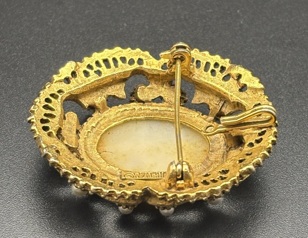 Vintage Florenza Cameo Brooch Faux Pearl Gold Tone Pendant