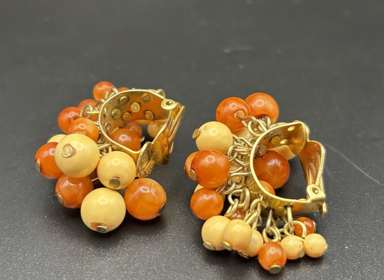 Vintage Hong Kong Orange Cream Glass Bead Cluster Clip Earrings