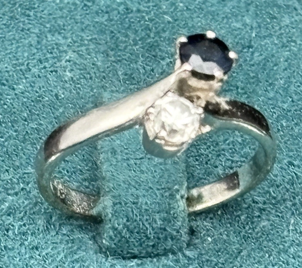 Vintage 925 Sterling Silver Blue Topaz White Spinel Toi Et Moi Ring