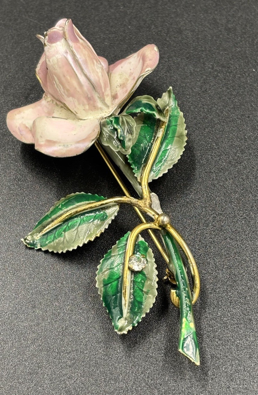 Rare Sandor Goldberger Pink Enamel Rose Brooch Pin Gold Tone Vintage