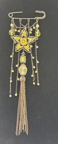 Vintage Style Art Nouveau Floral Dangle Brooch Enamel Glass Beads Statement Pin