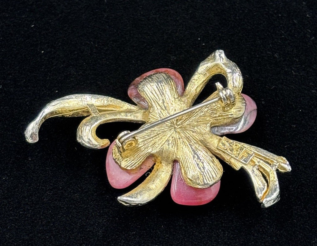 Vintage SFJ Brooch – Pink Marquise Glass, Gold Tone Floral Design