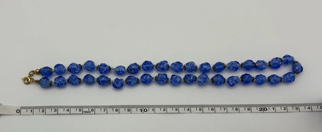 Vintage Blue Marbled Glass Bead Necklace 1950s Czech Jewelry