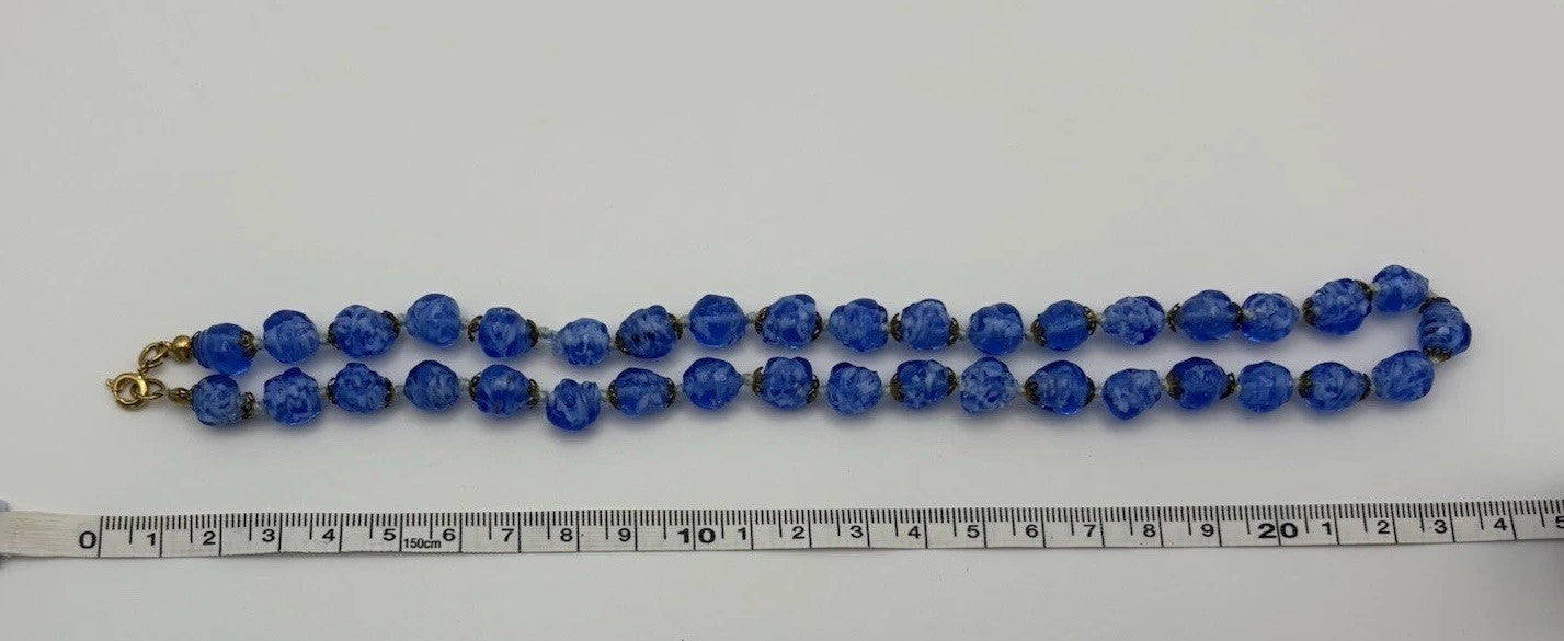Vintage Blue Marbled Glass Bead Necklace 1950s Czech Jewelry
