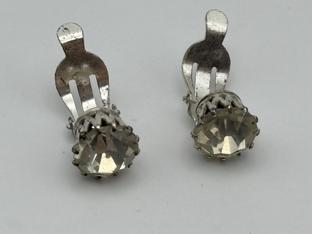 Vintage Mid Century Clear Rhinestone Necklace with Matching Clip Earrings Set