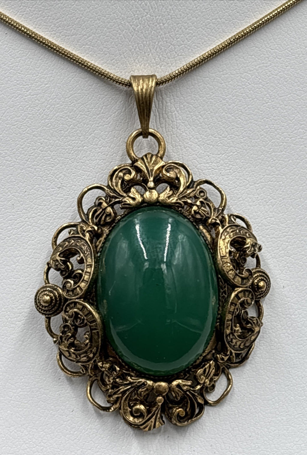 Antique Czech Uranium Glass Pendant Art Nouveau Brass Filigree Gold Filled