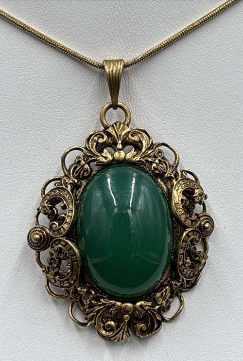 Antique Czech Uranium Glass Pendant Art Nouveau Brass Filigree Gold Filled