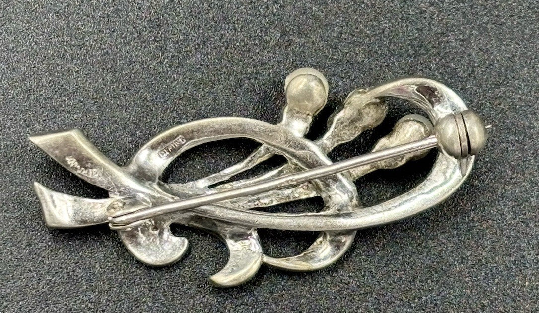 Antique 800 Silver Handcrafted Marcasite Rhinestone Pearls Brooch Signed.