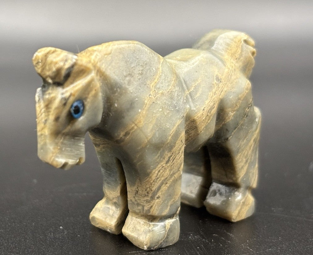 Vintage Hand Carved Onyx Donkey Figurine Banded Stone Animal w Blue Eyes