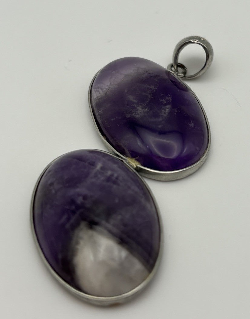 Vintage Amethyst Double Oval Pendant Natural Purple Gemstone Silver Tone Setting