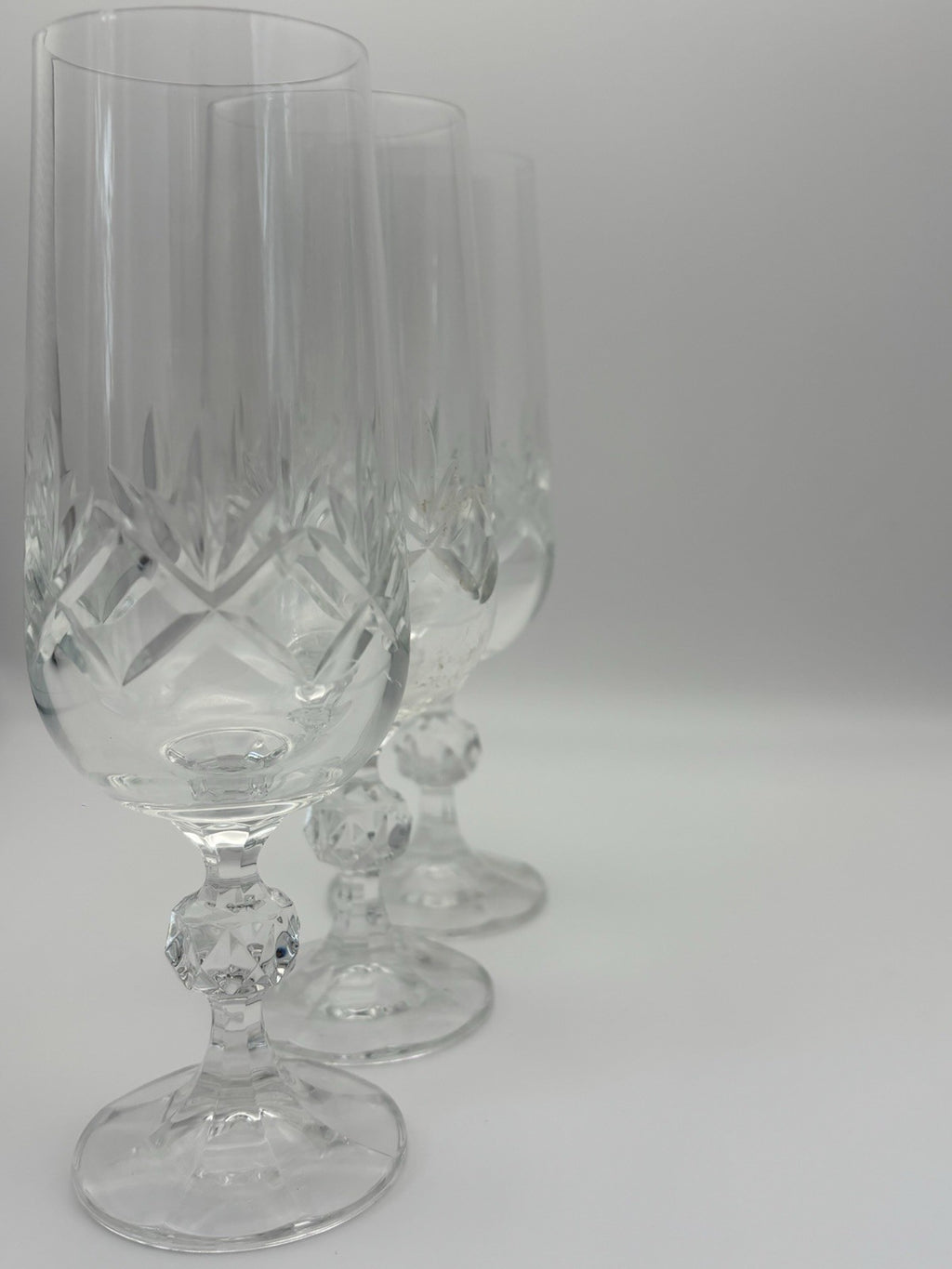 Vintage Cut Crystal Ball Stem Champagne Flutes Set of 3 Glassware