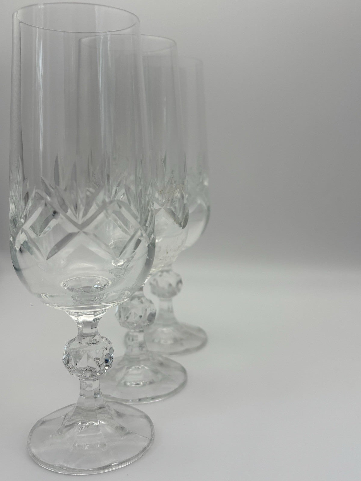 Vintage Cut Crystal Ball Stem Champagne Flutes Set of 3 Glassware