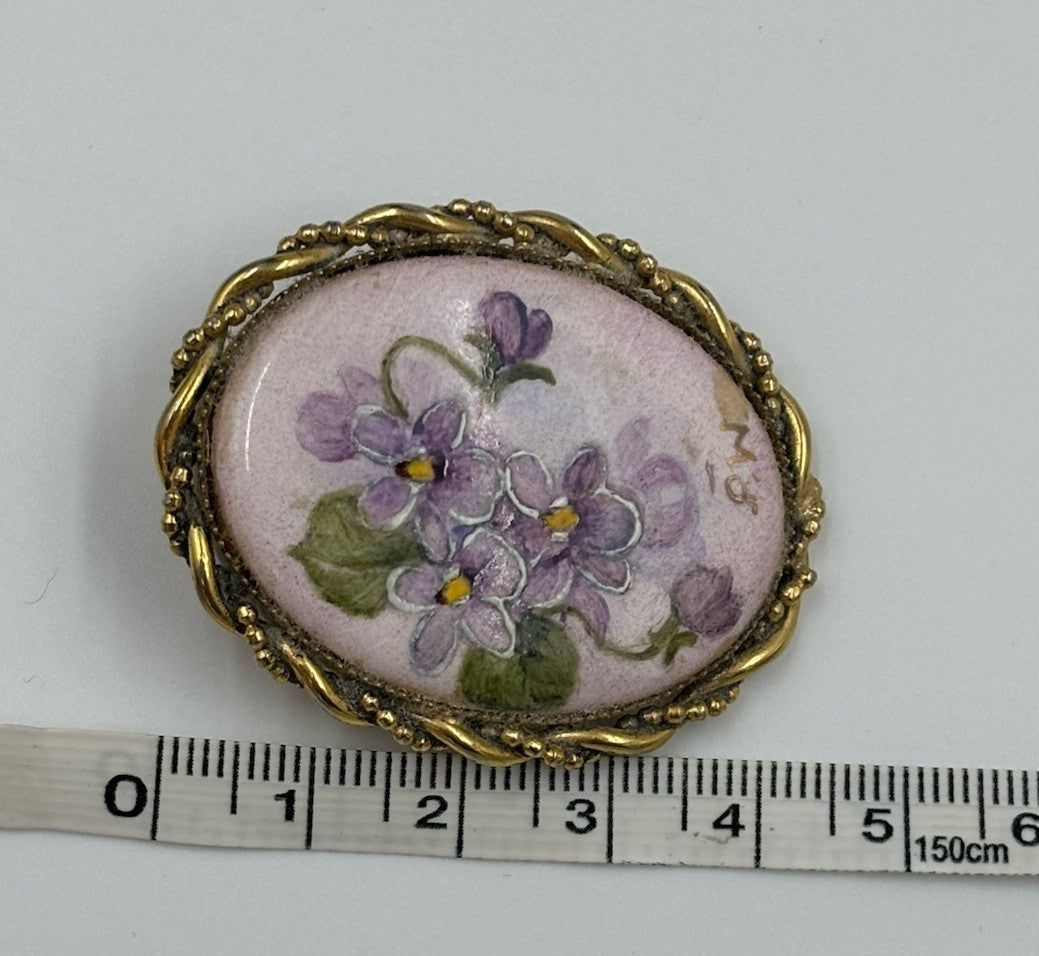 Antique Hand Painted Violet Porcelain Brooch Pendant Signed PW