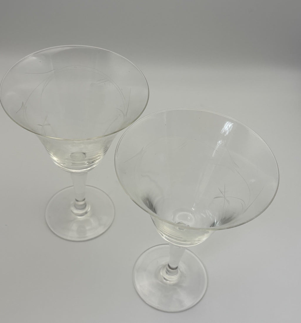 Vintage Etched Sherry Liqueur Glasses Set of 2 Grapes Starburst Design