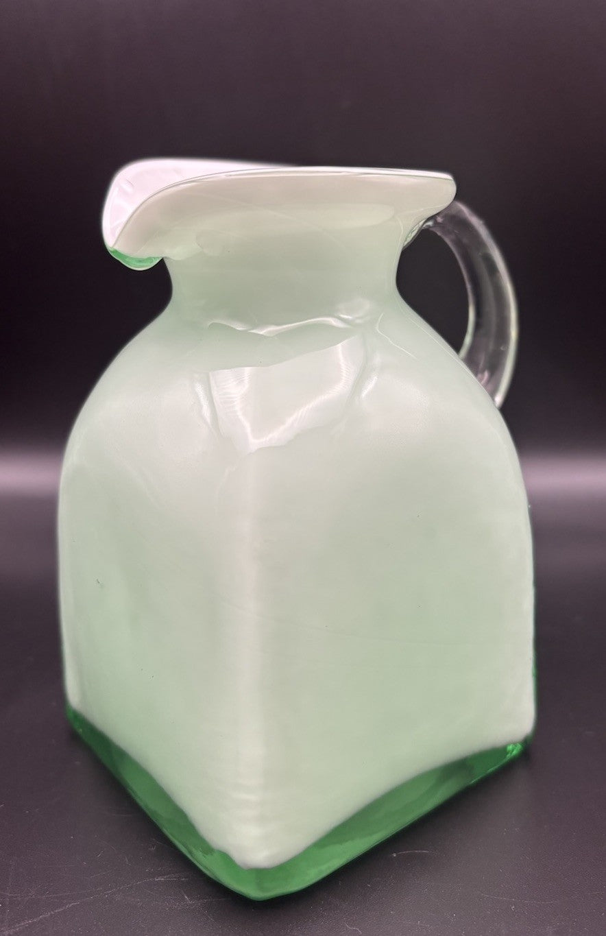 Vintage Mint Green Cased Art Glass Jug Opaline Square Form Milk Glass Pitcher