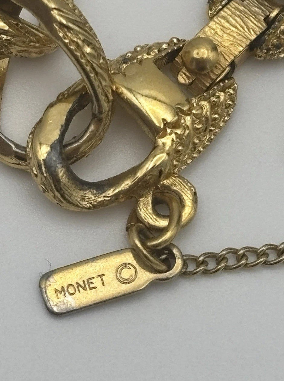 Vintage Monet Gold Tone Clover Charm Bracelet Textured Chain Signed Mid Century