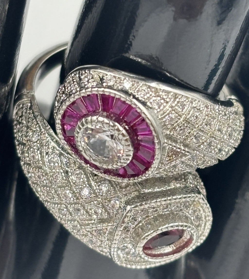 Vintage Style Stamped S925 Silver Ruby CZ Pavé Cocktail Ring US 9¼