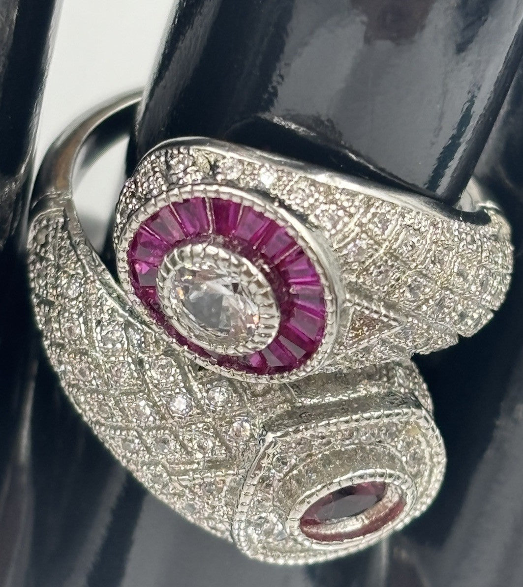 Vintage Style Stamped S925 Silver Ruby CZ Pavé Cocktail Ring US 9¼