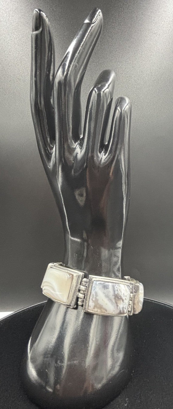 Vintage Agate Panel Bracelet – Mid Century Modernist Silver Tone Jewelry