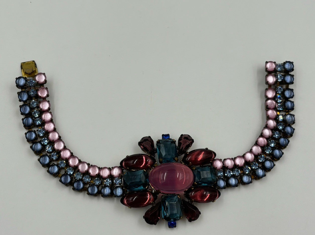 Husár D Pink Cabochon Aqua Garnet Rhinestone Bracelet Signed Czech Glass Rare