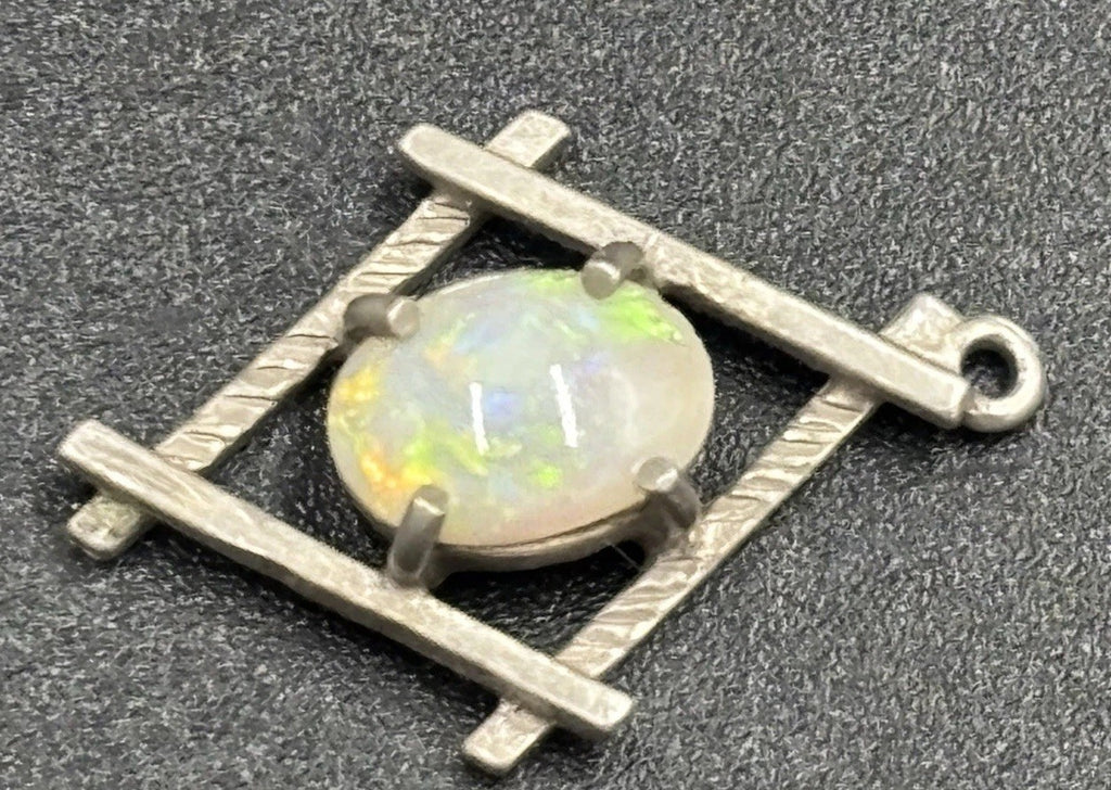 Vintage Sterling Silver Natural Opal Pendant Crystal Opal Multi Fire Cabochon