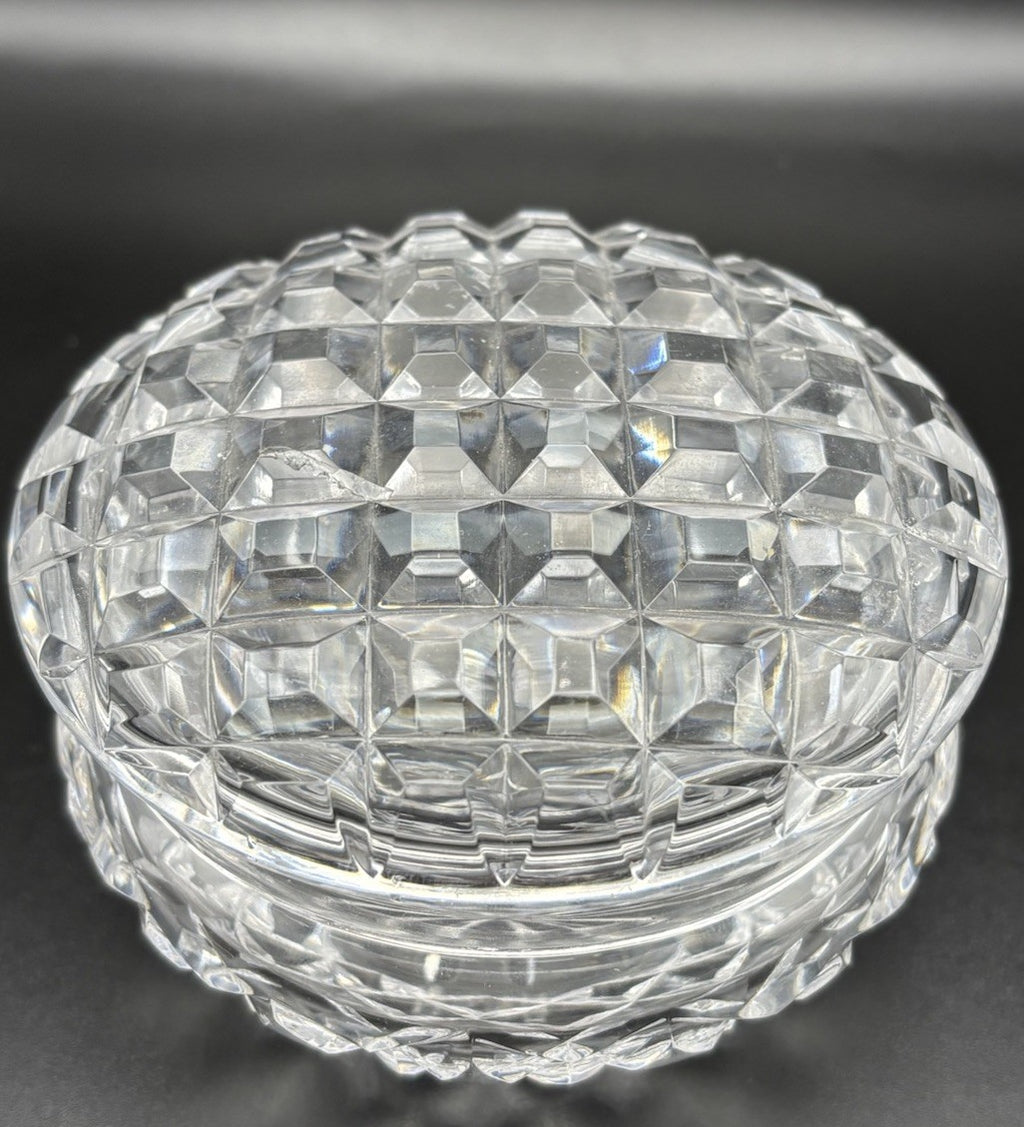 Vintage Heavy Cut Crystal Trinket Box Starburst Base Vanity Dresser Box