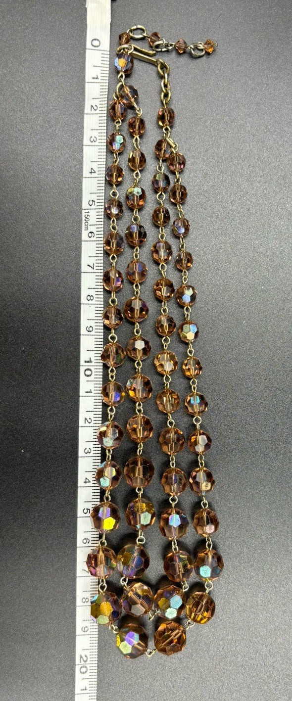 Vtg Aurora Borealis Champagne Crystal Necklace & Clip On Earring Set Gold Tone