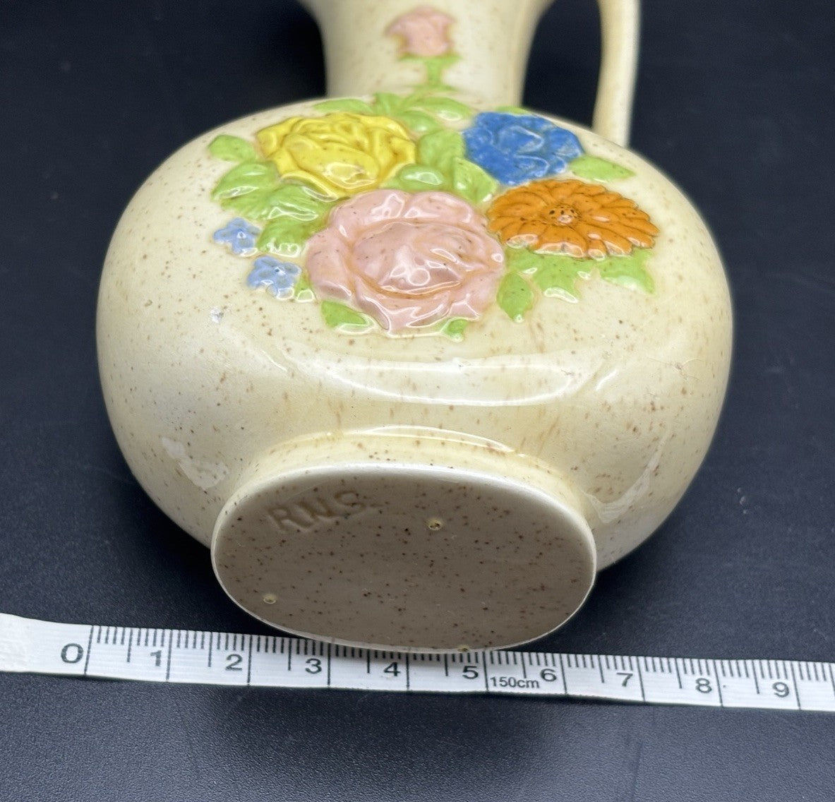 Vintage RNS Ceramic Floral Pitcher Vase Speckled Glaze Handled Jug
