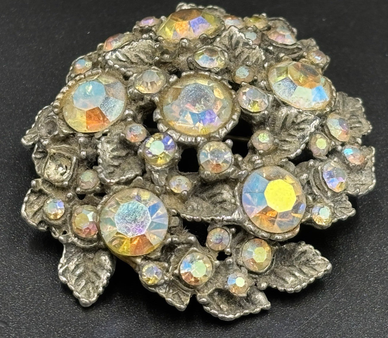Vintage Aurora Borealis Rhinestone Floral Brooch 1950s Silver Tone Cluster