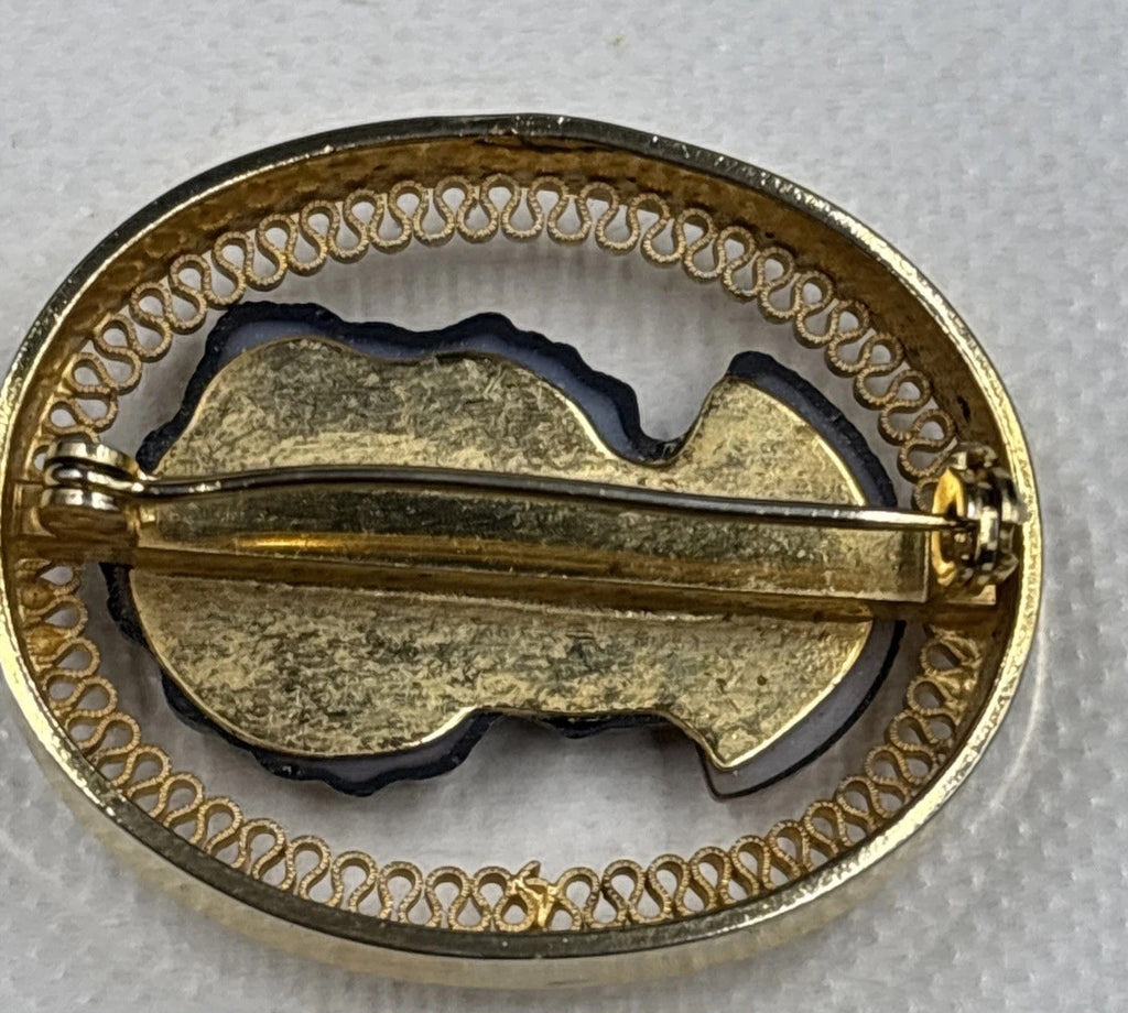 Vintage Cameo Pin Amber Brown Glass Brooch Mid Century Style Gold Tone