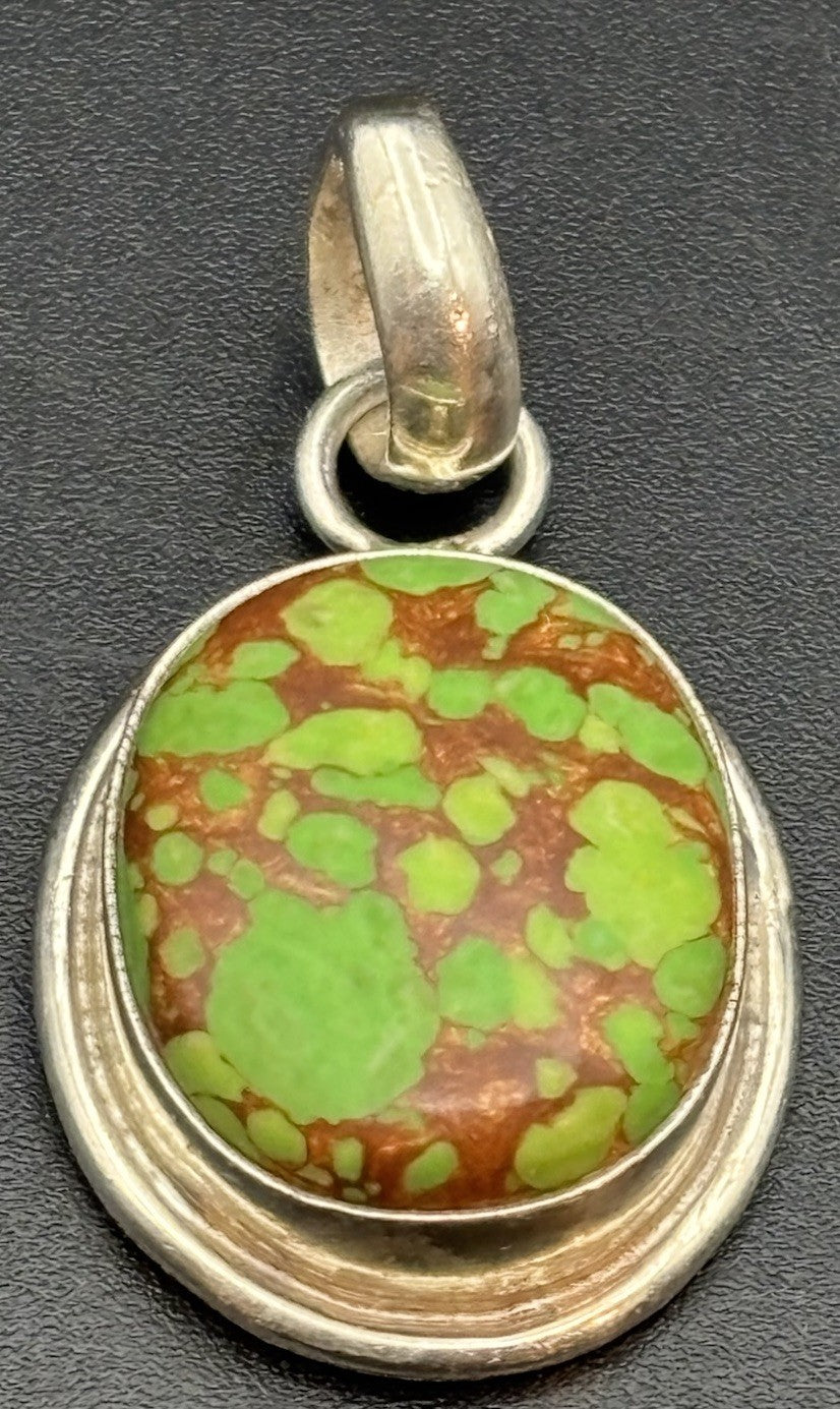 Vintage 925 Sterling Silver Green Matrix Turquoise Pendant Artisan Cabochon