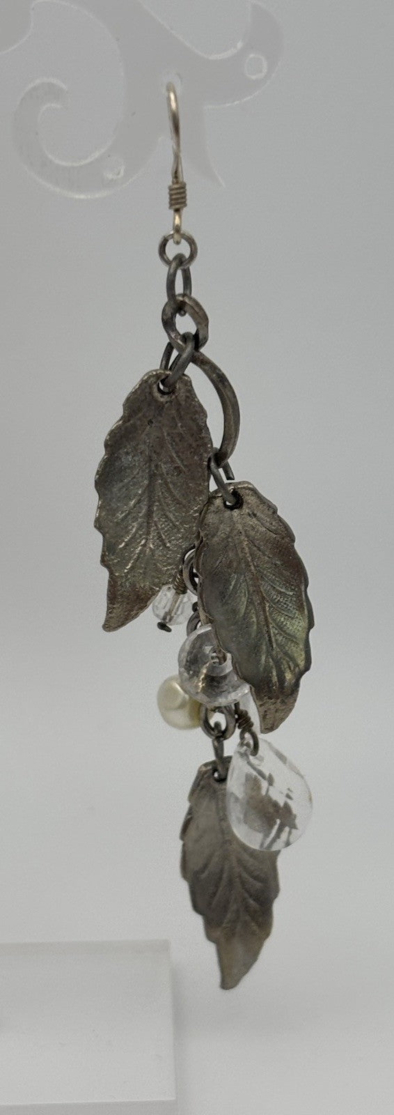 Vintage Sterling Silver Leaf Dangle Earrings with Crystal and Pearl Charms