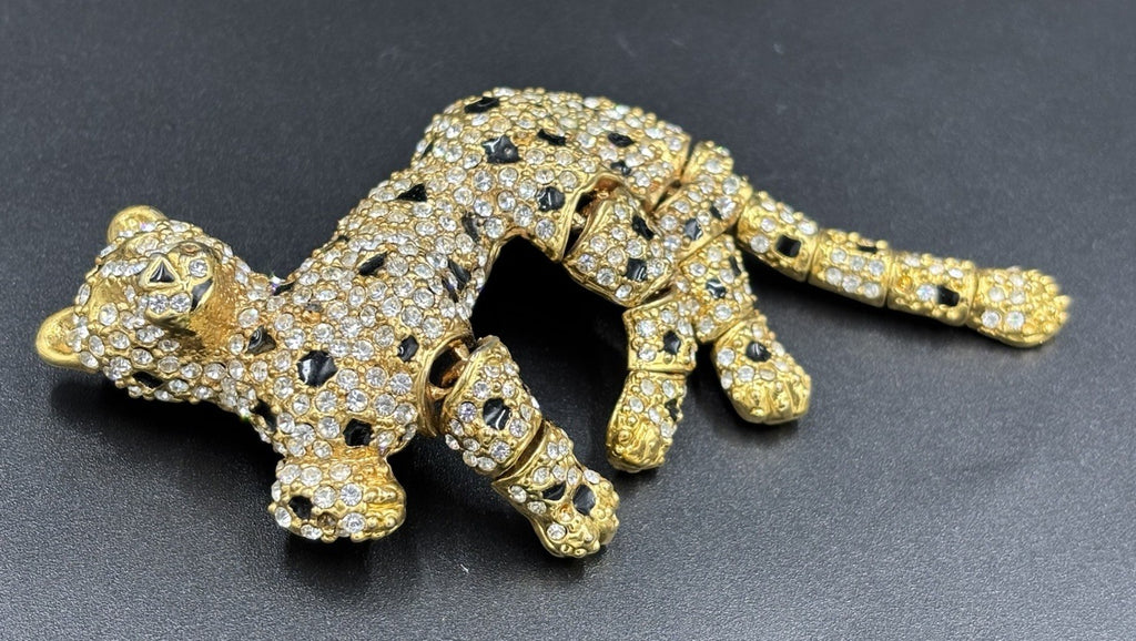 Vintage Articulated Leopard Brooch Gold Tone Rhinestone Panther