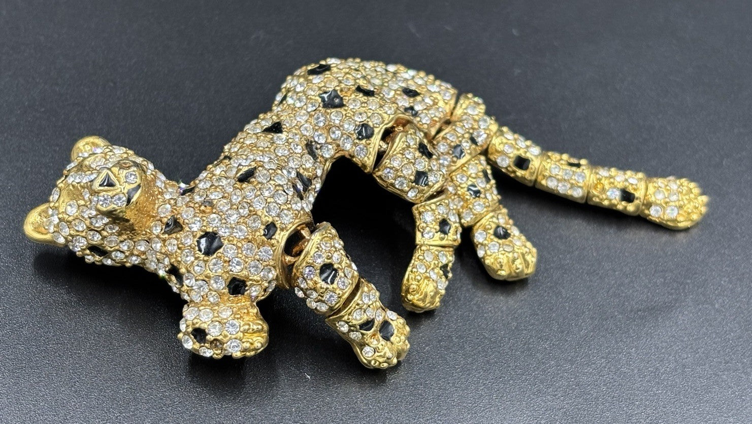 Vintage Articulated Leopard Brooch Gold Tone Rhinestone Panther