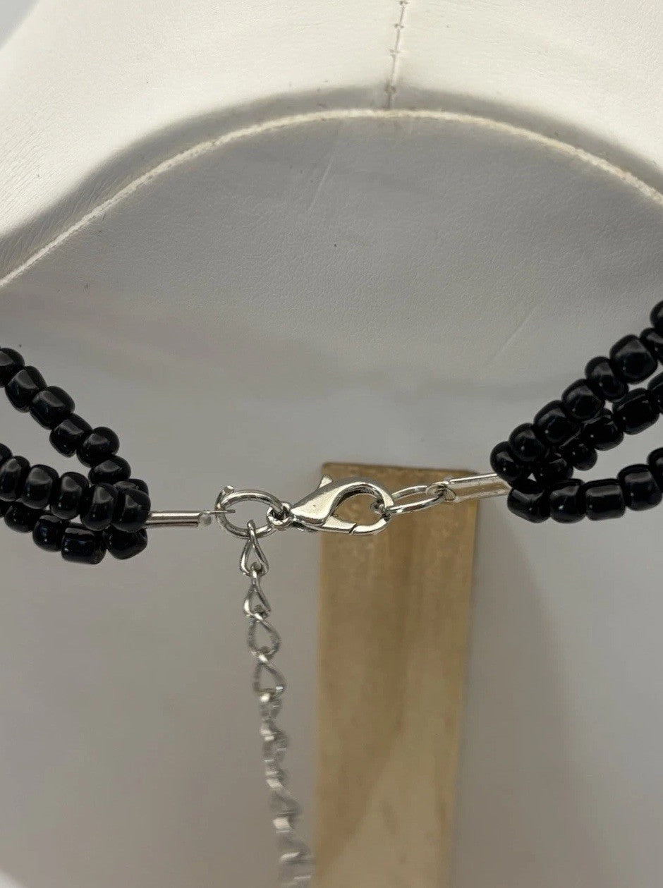 Vintage Shell Pendant Necklace Black White Beads Horn Style Tribal Jewelry