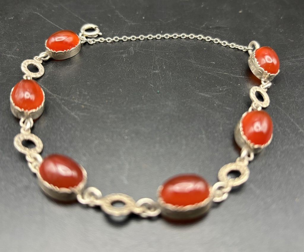 Vintage Sterling Silver Red Carnelian Cabochon Bracelet Link Safety Chain