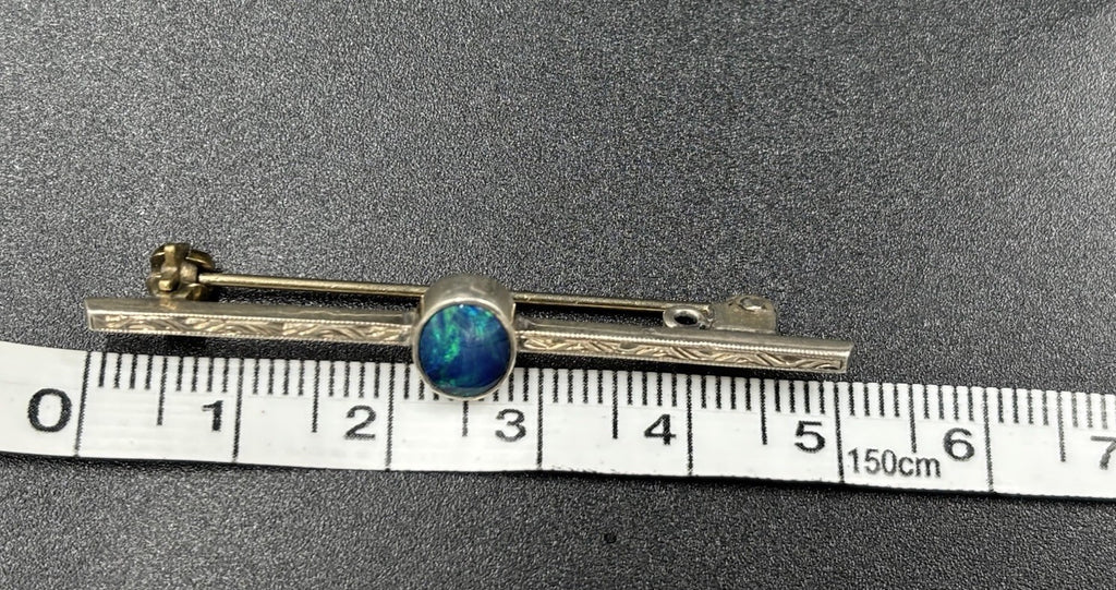 Vintage Sterling Silver Opal Bar Brooch Blue Green Fire Cabochon Mid Century Pin