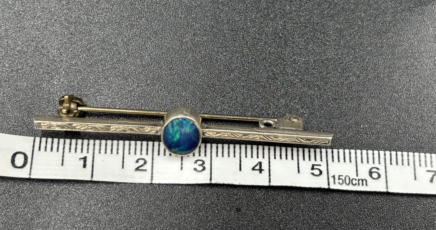 Vintage Sterling Silver Opal Bar Brooch Blue Green Fire Cabochon Mid Century Pin