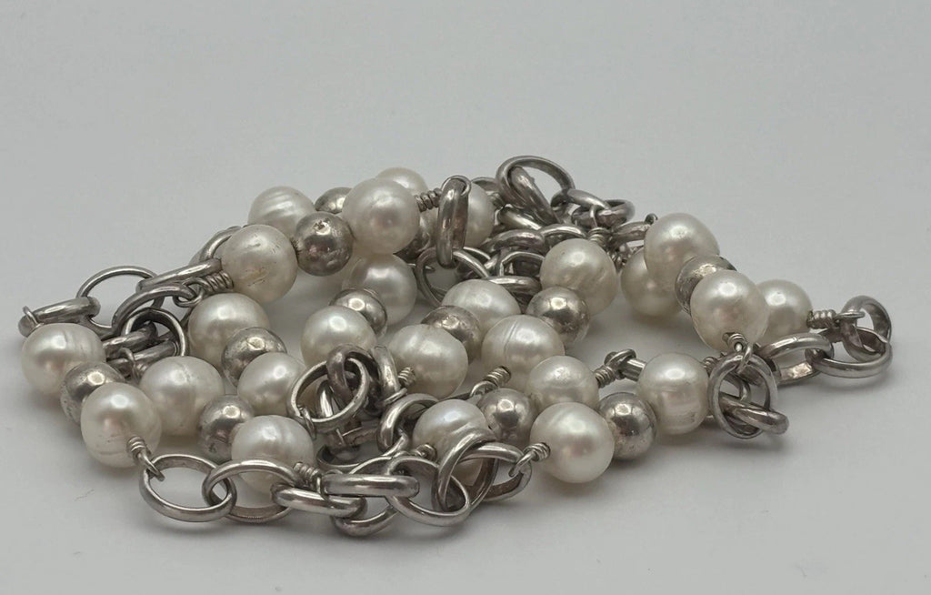 Vintage 925 Sterling Silver 10mm Freshwater Pearl Station Necklace 88cm