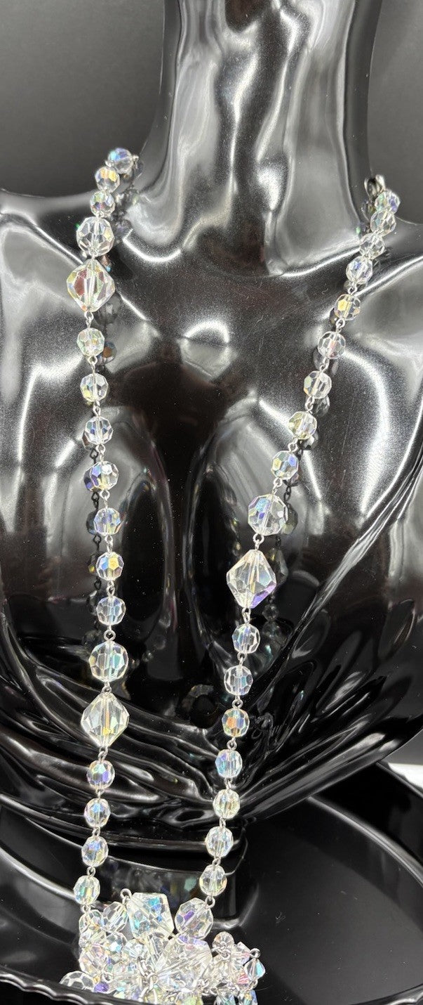 Vintage 1950s Aurora Borealis Crystal Necklace & Earrings Set Tassel Drop