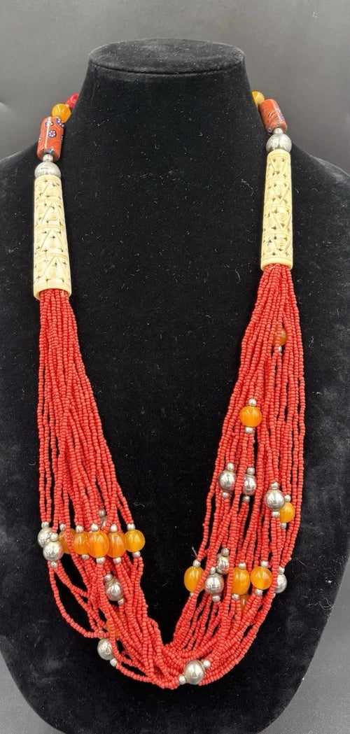 Antique Berber Necklace Carved Bovine Bone Millefiori Trade Beads North African Tribal