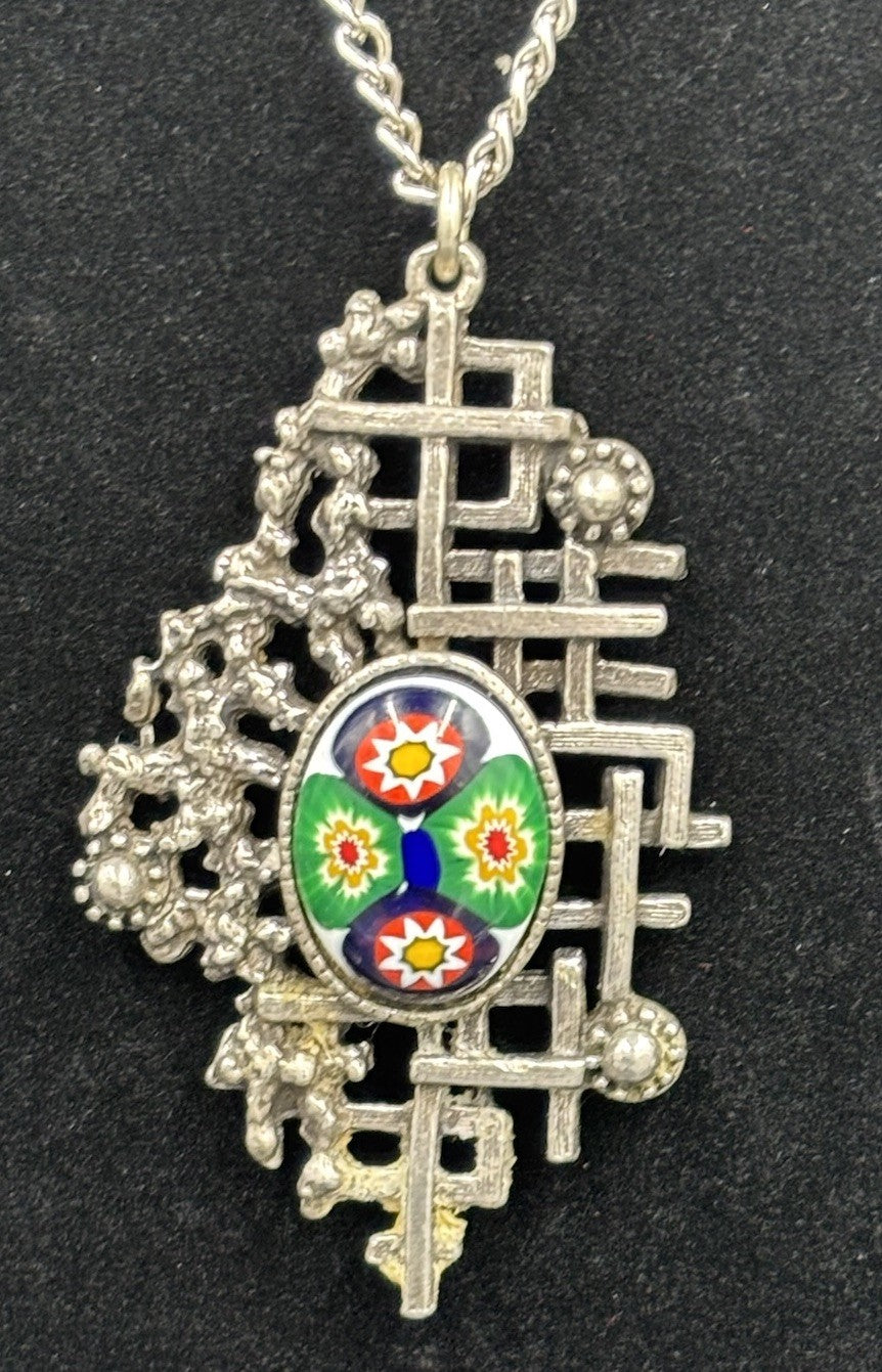 Vtg Millefiori Caning Art Glass Pendant Silver Plated, & Silver Tone Necklace