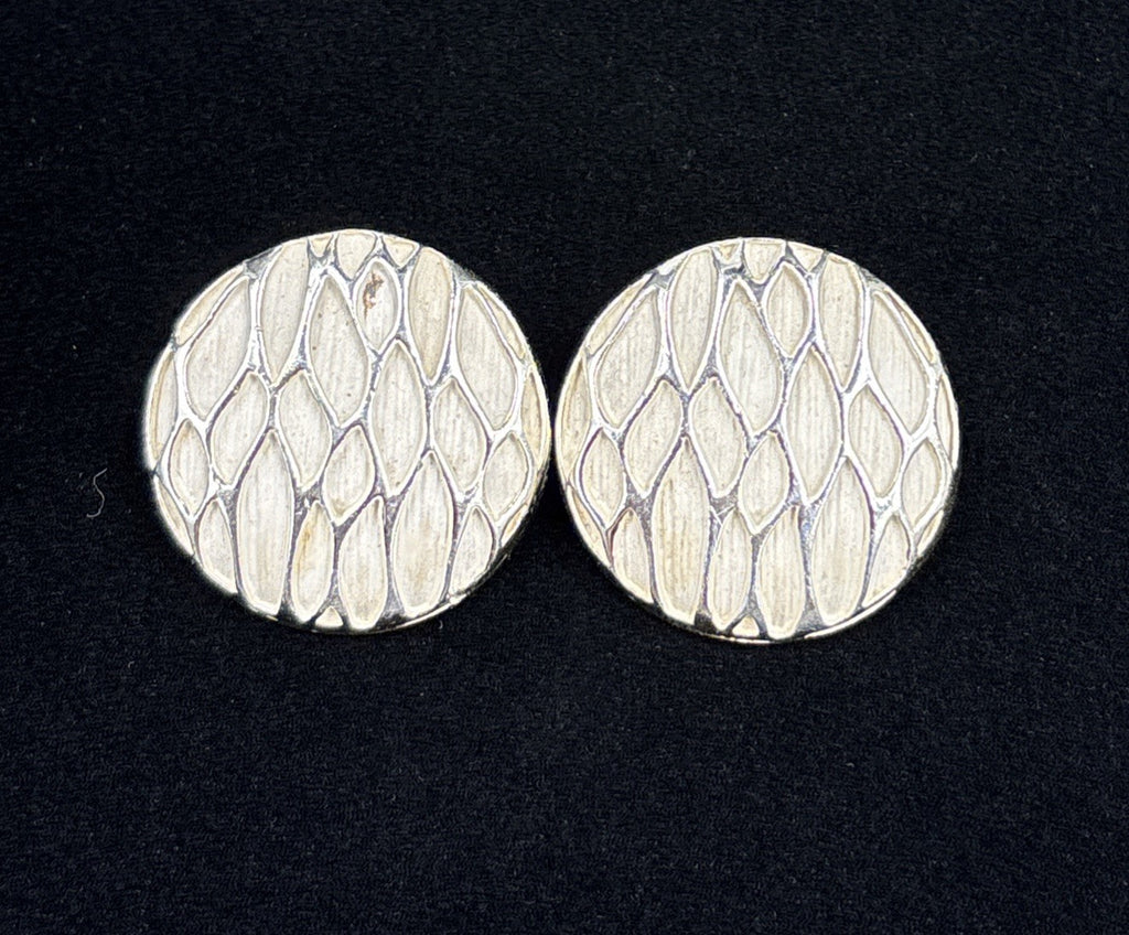 Vintage MARBOUX Clip-On Earrings – Silver-Tone Textured Round Statement