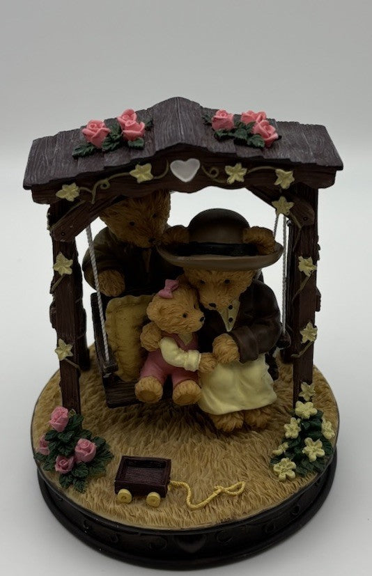 Avon Bear Figurine – Family on Swing with Roses & Wagon