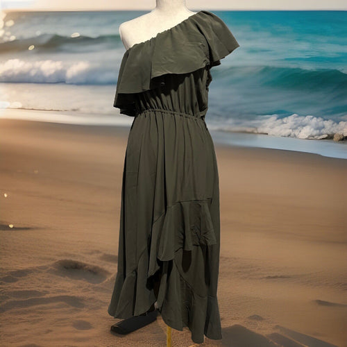 Ebby and I green off shoulder maxi dress size 10, NWT front view