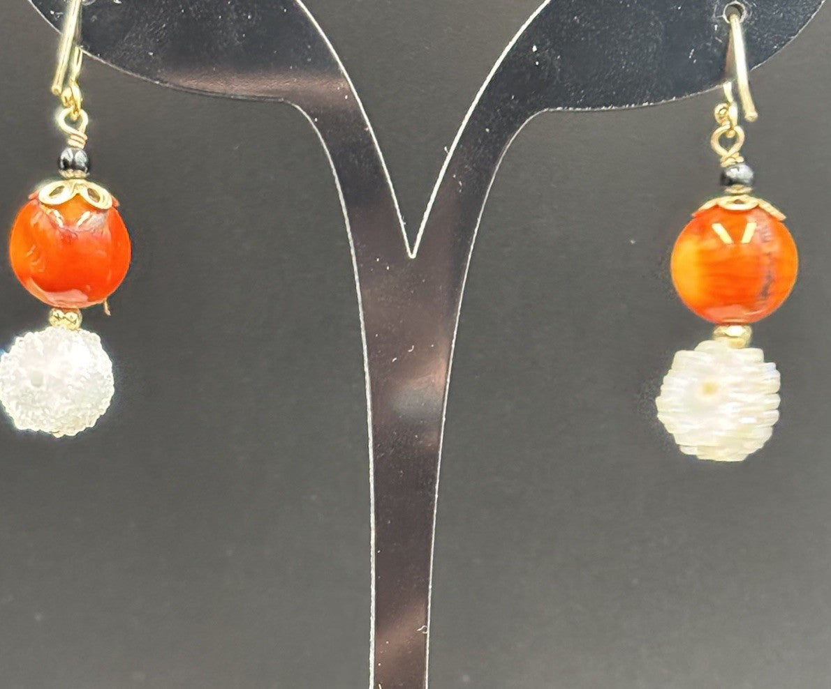 Orange Spiny Oyster & White Druzy Quartz Earrings Artisan Boho Jewelry”