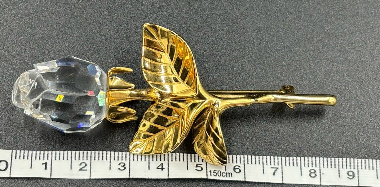 Swarovski Memories Rose Brooch Gold Plated Clear Crystal Vintage 1990s Jewelry