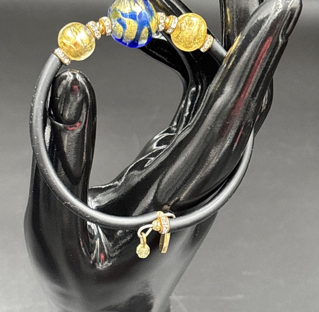 Vintage Murano Glass Bracelet Italy Blue Gold Beads with Rhinestone Accents