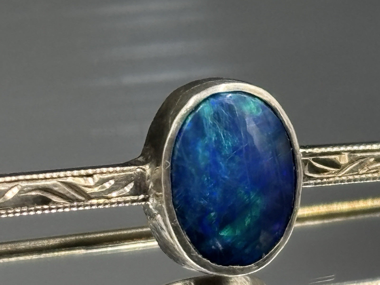 Vintage Sterling Silver Opal Bar Brooch Blue Green Fire Cabochon Mid Century Pin